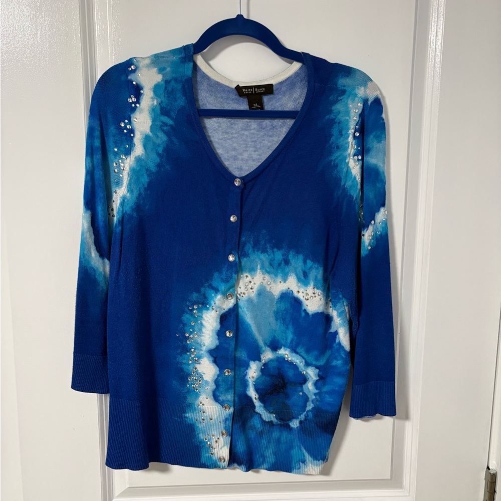 White House Black Market Blue Tie-Dye Cardigan with Rhinestone Accents